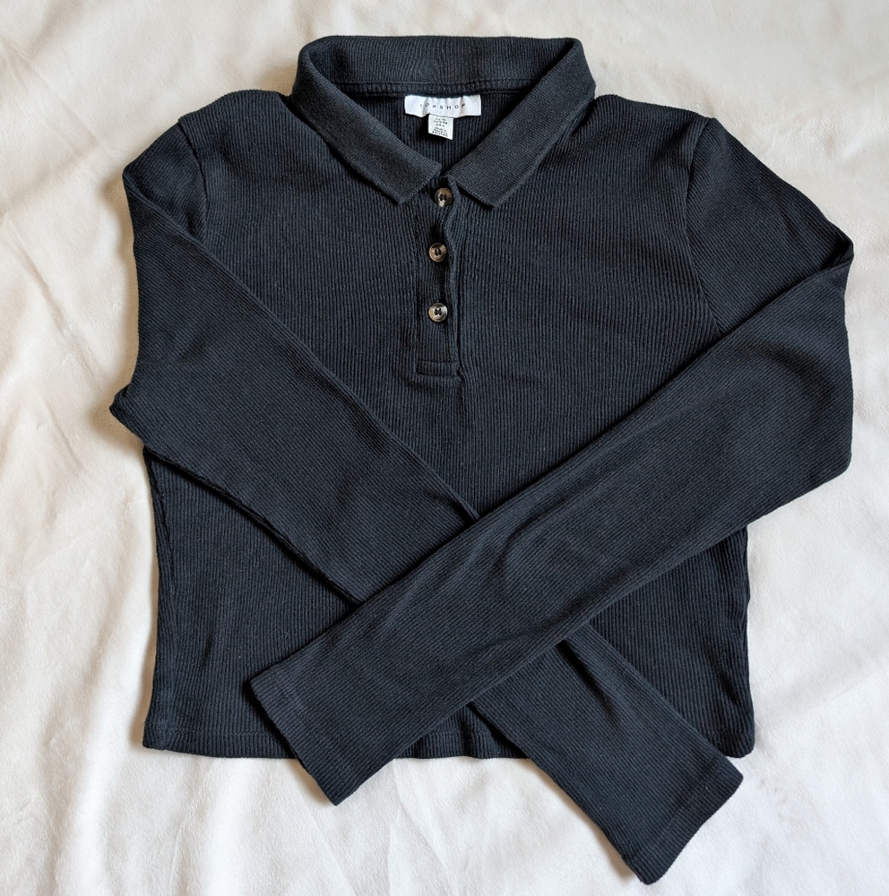 Topshop Button Cropped Long Sleeve Shirt in Black, Size S-M